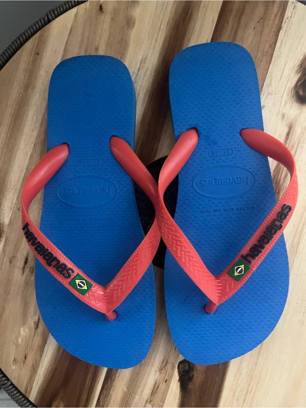 Havaianas Blue Flip Flops with Red Straps and Brazilian Flag